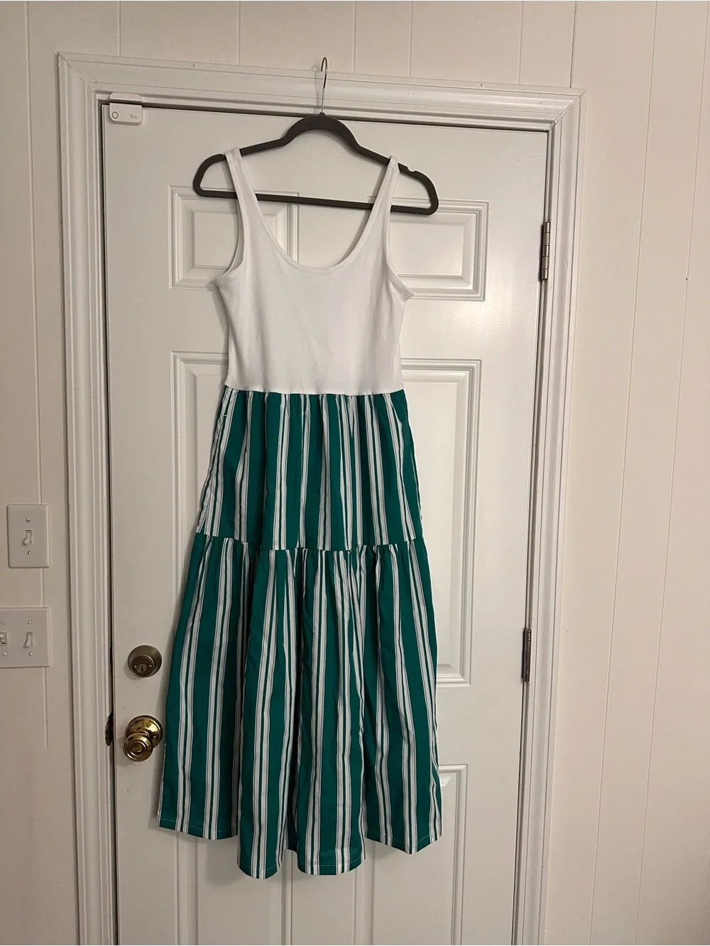 J. Crew White Tank Bodice with Teal and White Striped Tiered Skirt Midi Dress